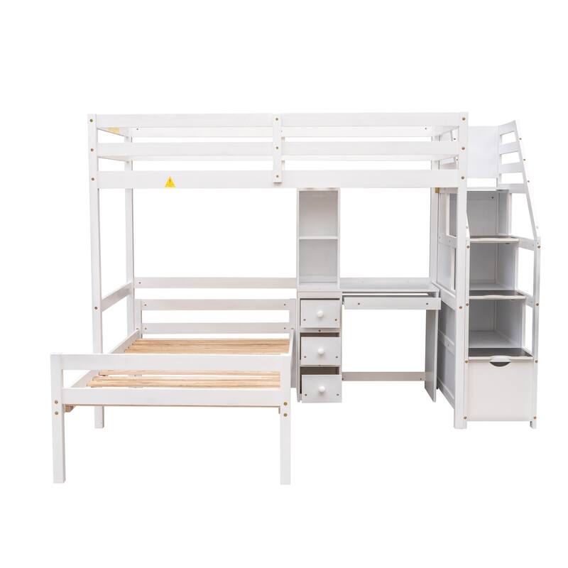 Twin Size Loft Bed with Stand-alone Bed, Storage Staircase, Desk, Shelves, and Drawers in White