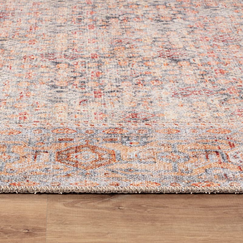 Terracotta Floral Washable Rug - Allover Pattern, Flat Pile