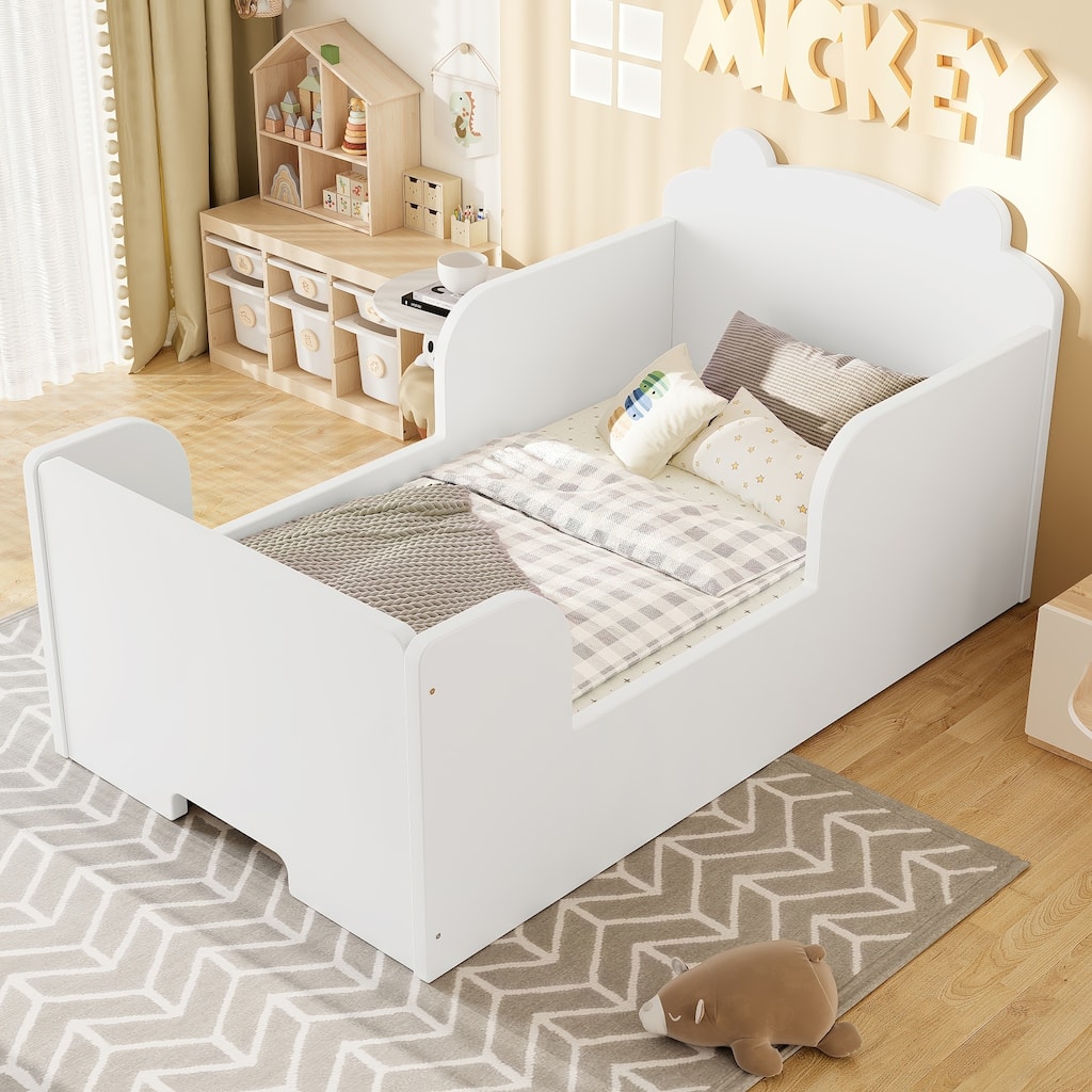 Roomfitters Bear-Shaped Toddler Floor Bed, Wood Cot with Safety Guardrails, Modern Montessori Low Profile Kids Bed