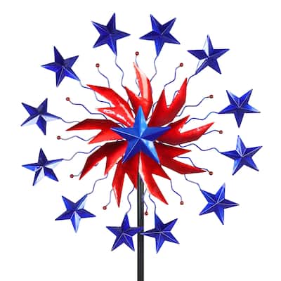Exhart Patriotic Double Star Windmill Kinetic Spinner Stake, 20 by 71 Inches