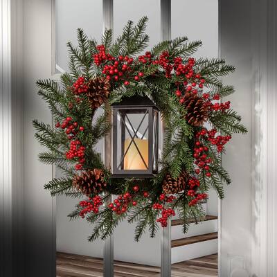 28" PineBerry/Pinecone, Lantern Wreath - Green Red - 28-Inch