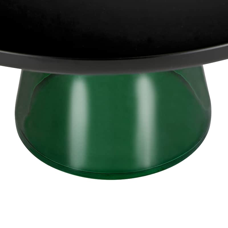 30-Inch Round Coffee Table Glass/Stone Tabletop with Black Iron Rim Frame Glass Pedestal Base
