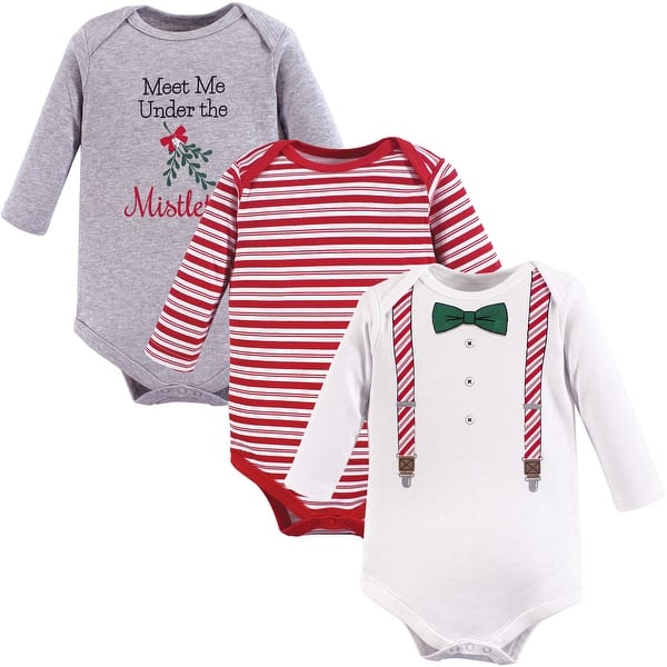 slide 1 of 1, Little Treasure Baby Girl Cotton Long-Sleeve Bodysuits 3pk, Christmas Suspenders 0-3 Months - Christmas Suspenders