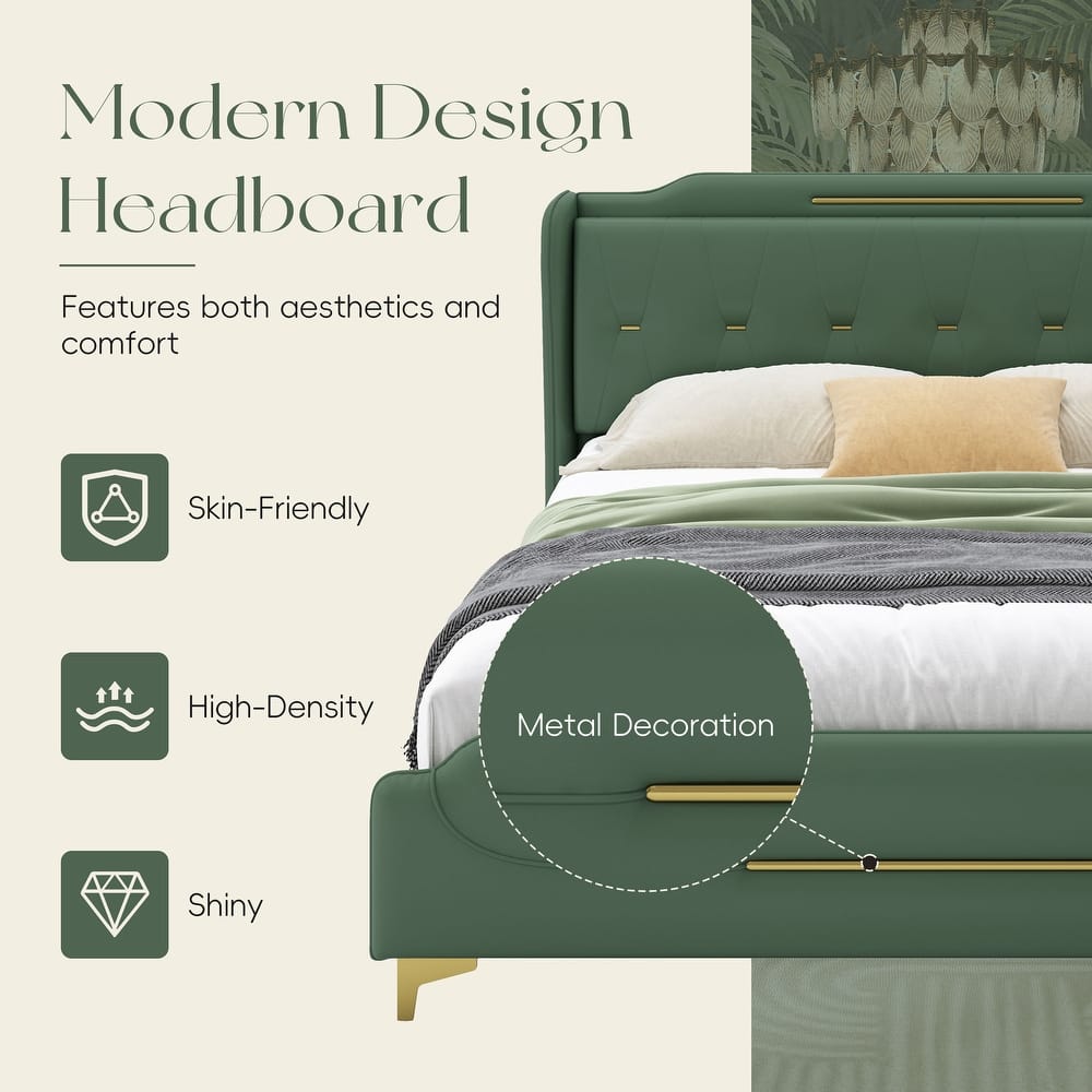 PU Upholstered Queen Size Leather Bed frame with Wingback Headboard and Footboard