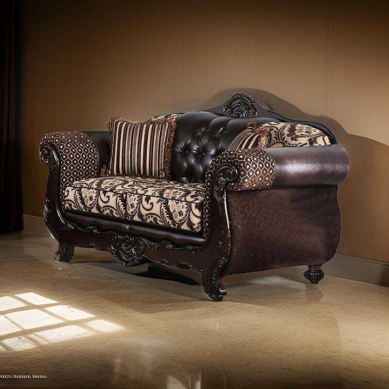Traditional Wooden Loveseat with Button Tufted Backrest, Beige and Brown