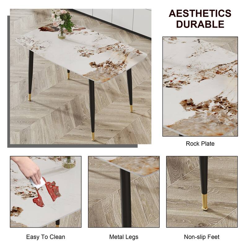 Modern minimalist dining table. A patterned SINTERED STONE tabletop with black metal legs