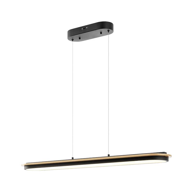 Curved Linear Satin Black & Wood Chandelier - N/A