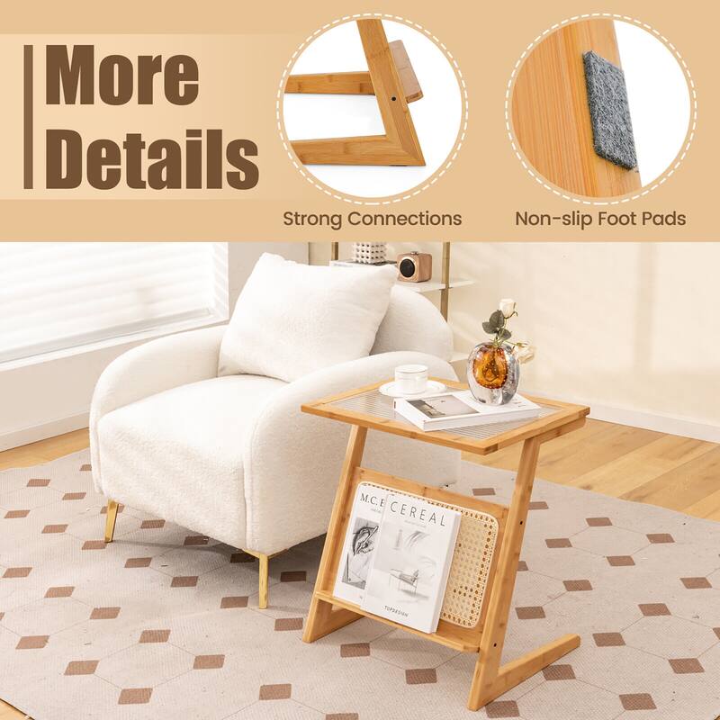Gymax Z-shaped End Table Glass Top Bamboo Side Table w/ Magazine Rack