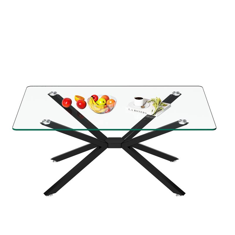 39.37" Rectangular Clear Tempered Glass Coffee Table,Stylish Design with Black Metal Legs, Coffee Table for Living Room