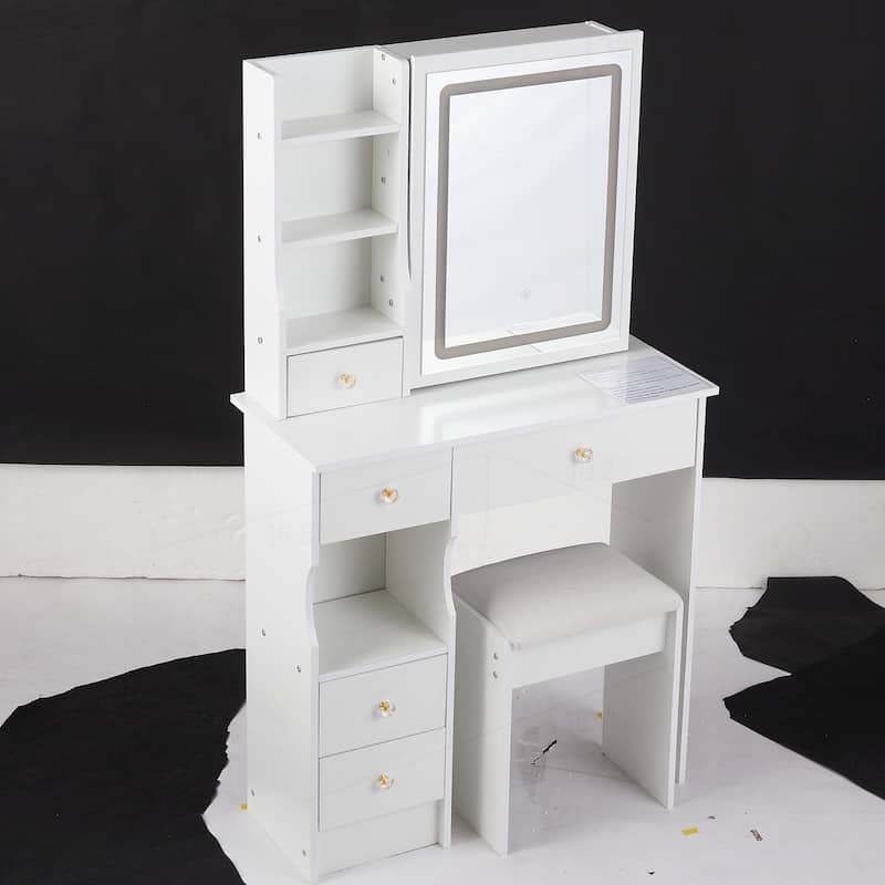 Compact Desktop Vanity Table with LED Mirror and Spacious Storage