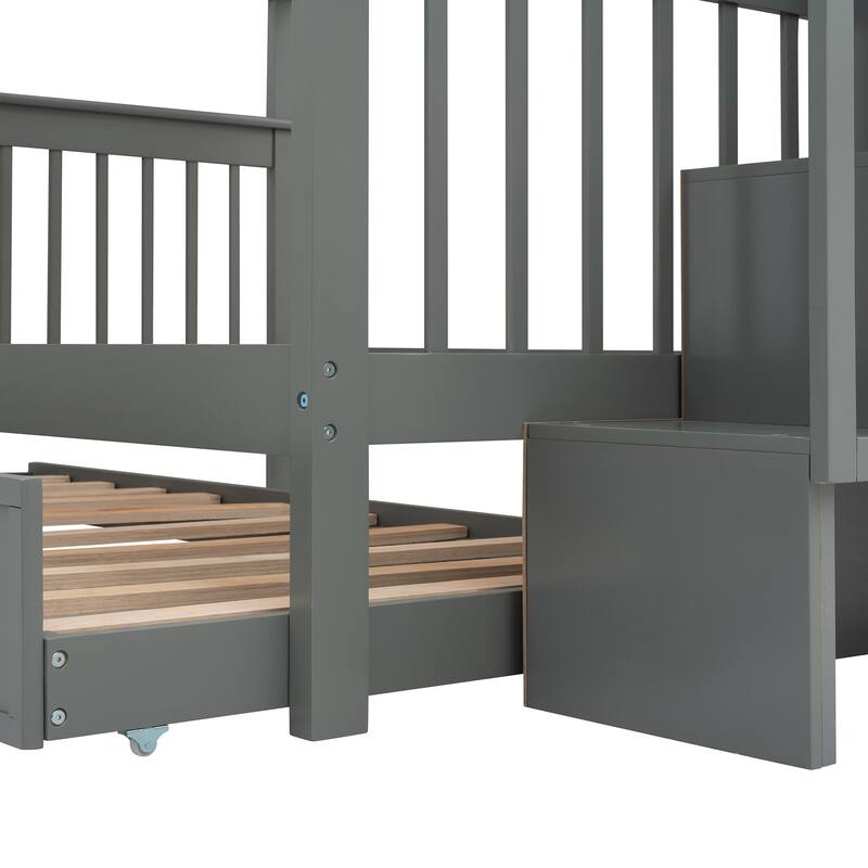 Gray Full-Over-Full Bunk Bed with Twin Trundle, Stairway Storage, Guardrails for Safety, Solid Pine Wood Construction