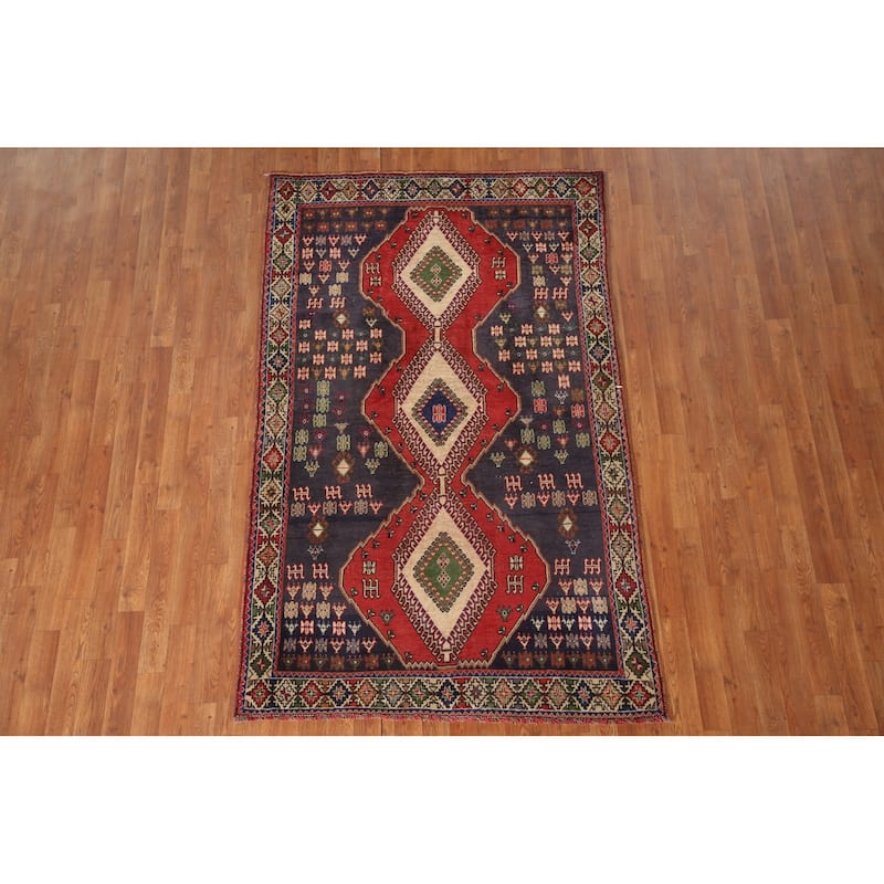 Navy Geometric Yalameh Persian Vintage Rug Hand-knotted Wool Carpet - 4'3"x 7'1"