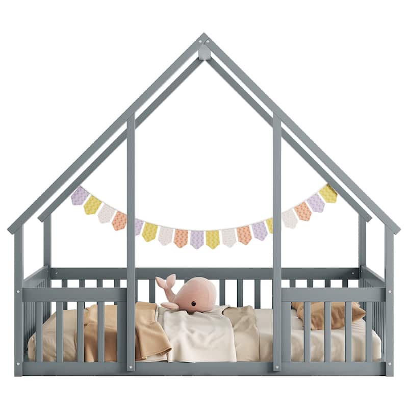 Grey Full Size Pine Wood House-Shaped Floor Bed with Fence and Roof