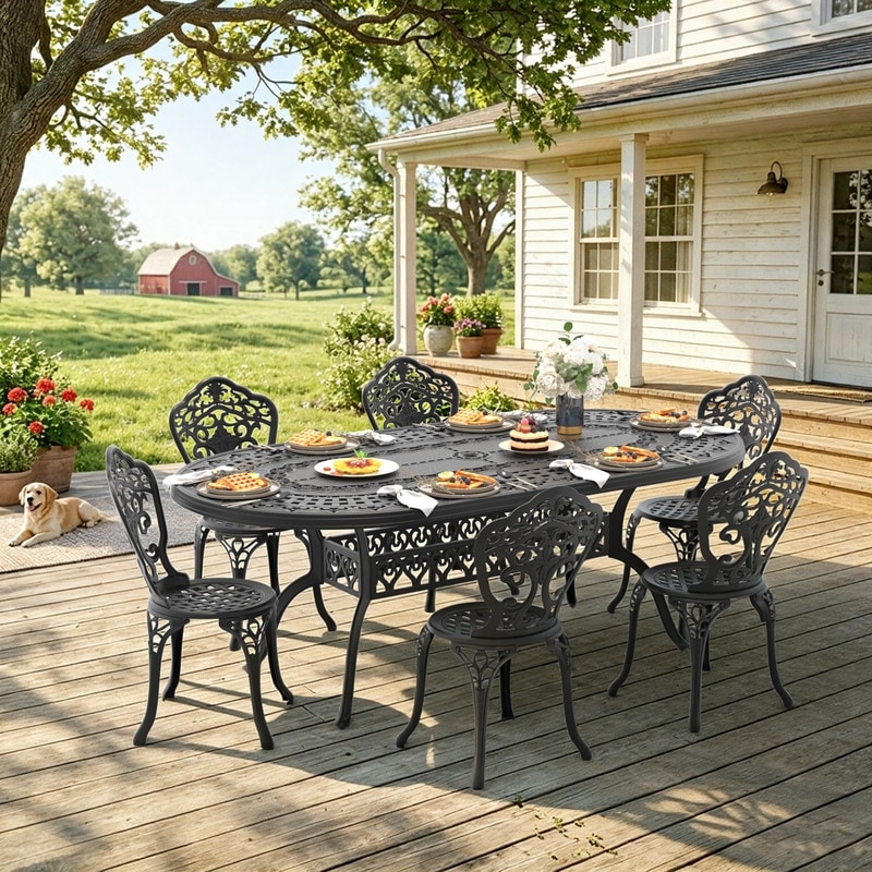 7 Piece Black Cast Aluminum Patio Dining Set with 6 Chairs and 81.89 Inch Oval Table with Umbrella Hole