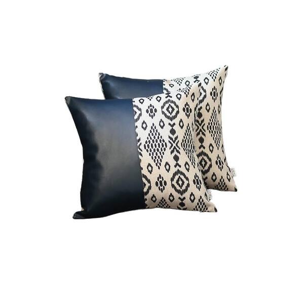 Set of Two Prussian Blue Ikat Faux Leather Zippered Pillow Cover Set of Two Prussian Blue Ikat Faux Leather Zippered Pillow Cover