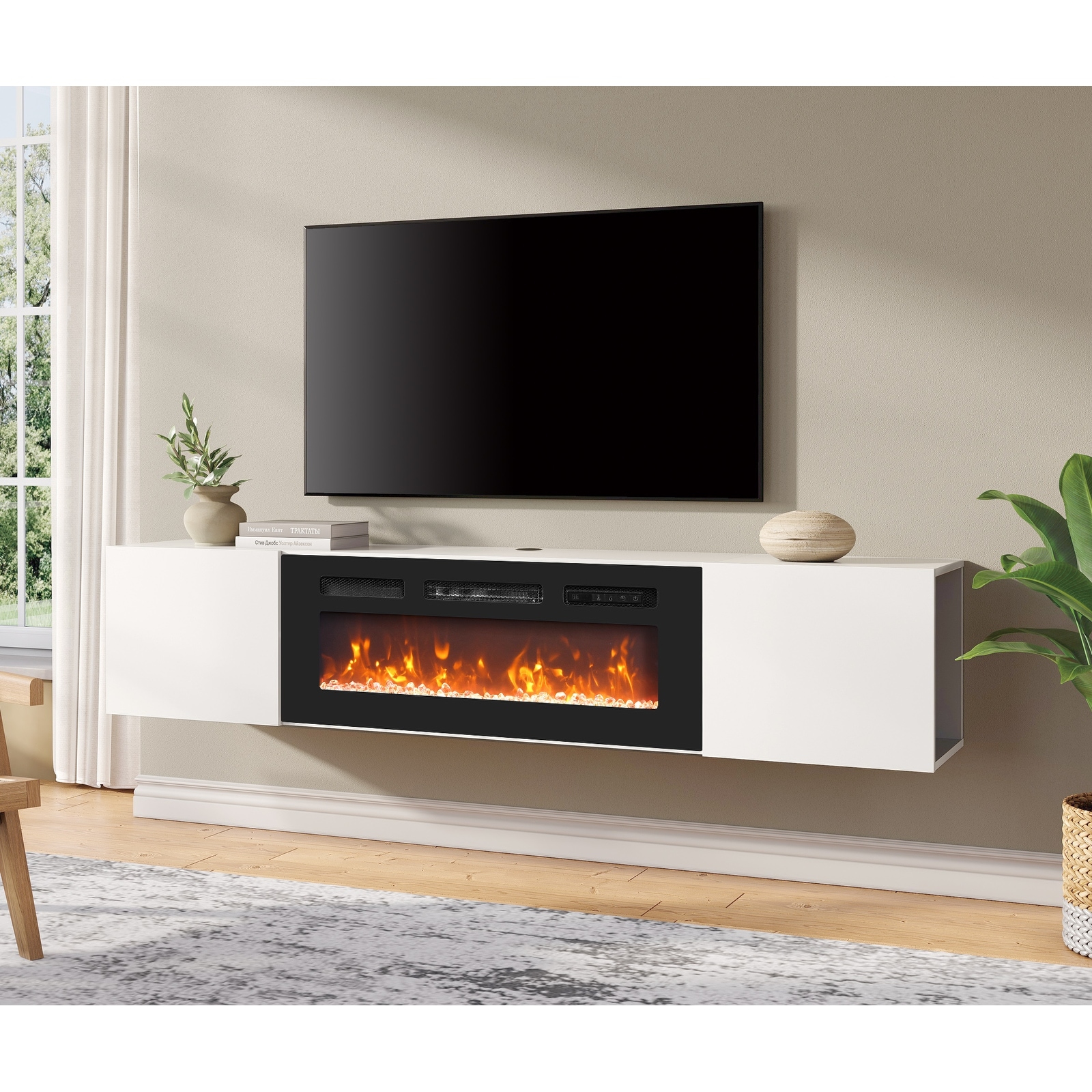 Modern Floating TV Stand with Electric Fireplace - 80"