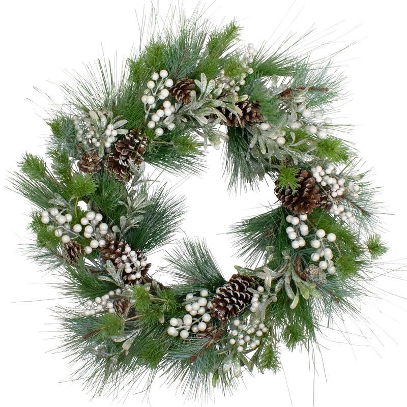Glittered White Berry Pinecone Artificial Christmas Wreath, 30", Unlit