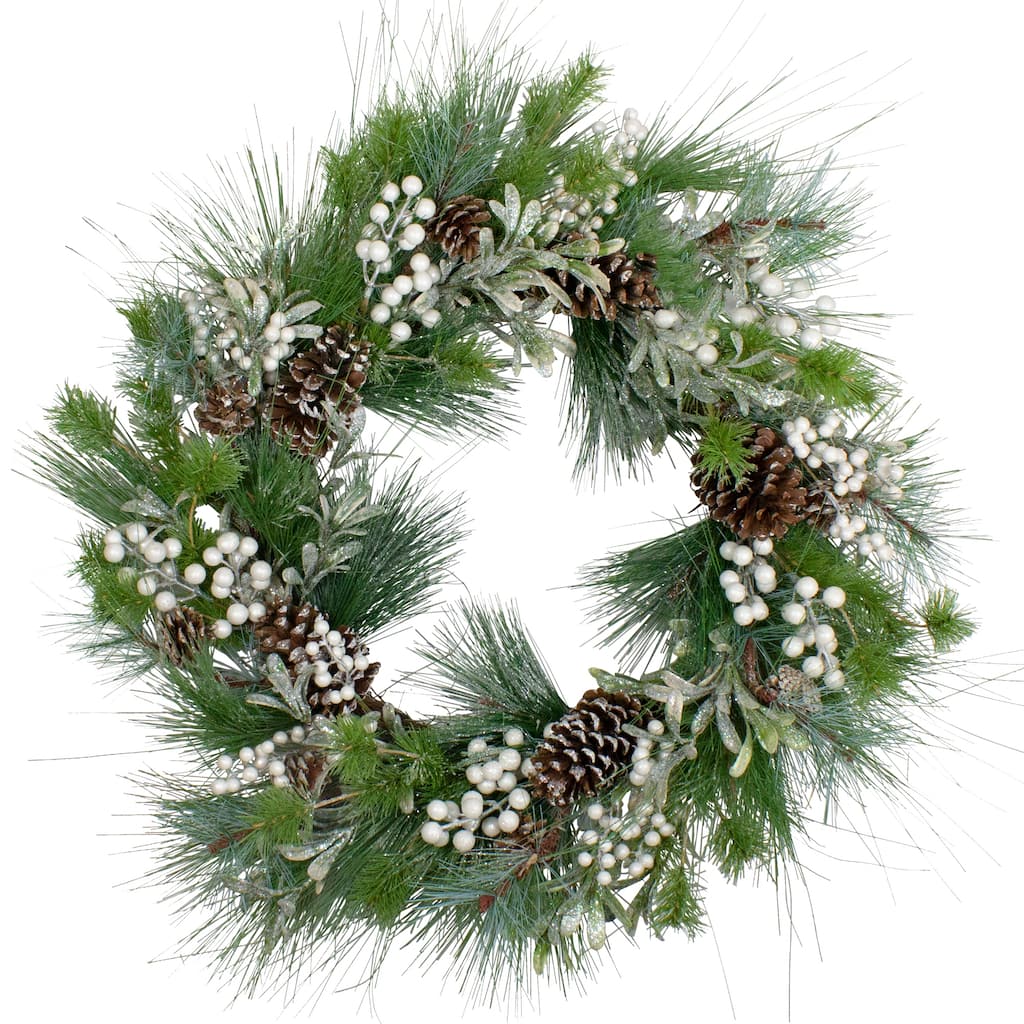 Glittered White Berry Pinecone Artificial Christmas Wreath, 30", Unlit