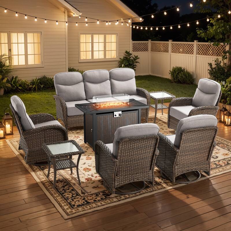 Pocassy Outdoor Sofa Swivel Chair and Ottman with 43in Fire Pit Table - Brown Wicker Beige Cushion - 8-Piece Sofa Swivel Chiar with Fire Table