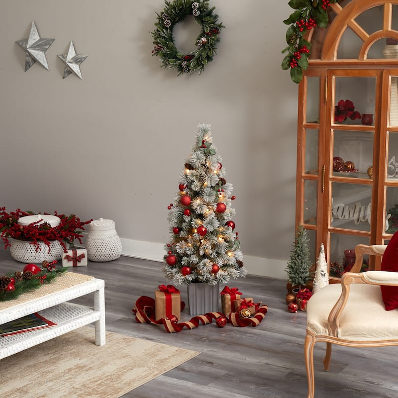 4' Pre-Lit Flocked Mini Artificial Christmas Potted Tree, Clear LED Lights - 4 Foot