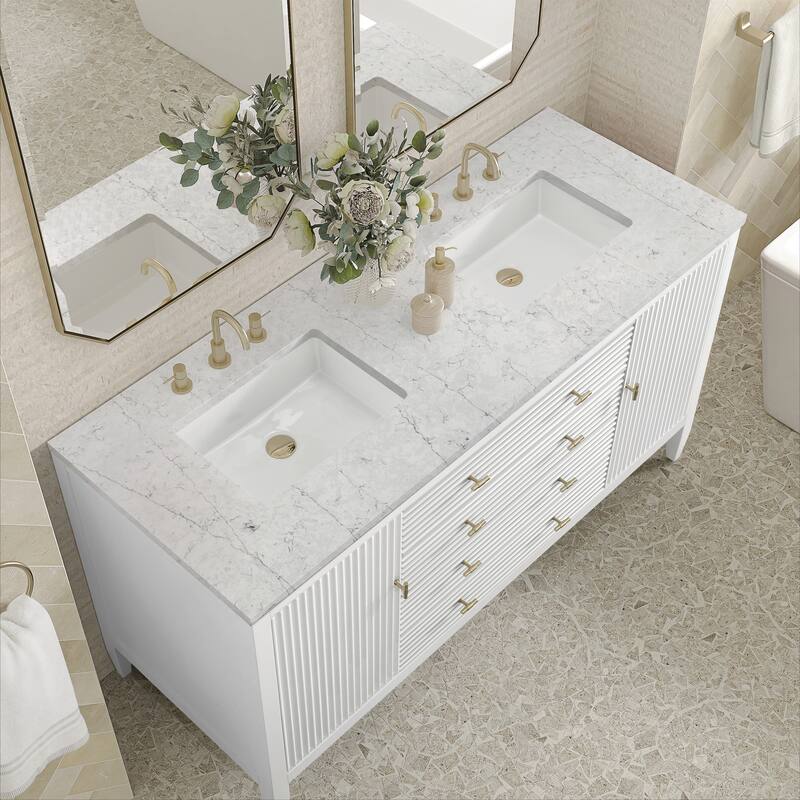 James Martin Vanities Myrrin 60" Double Vanity, Bright White - Eternal Jasmine Pearl.