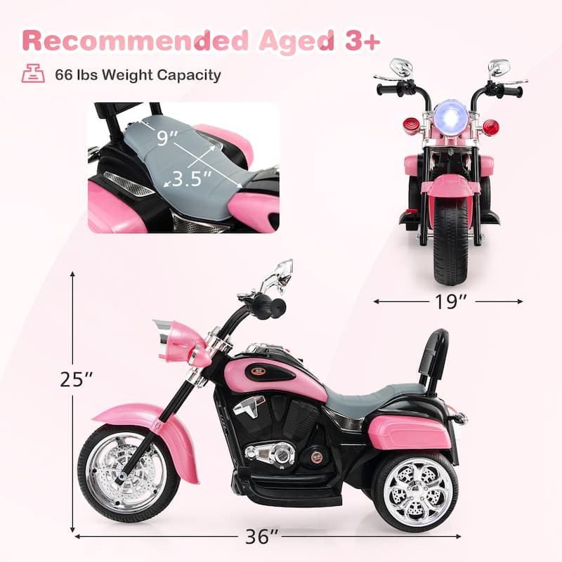 6V Powered Toddler 3-Wheel Motorbike Ride On Toy with Horn and Headlight - 36" x 19" x 25" (L x W x H)