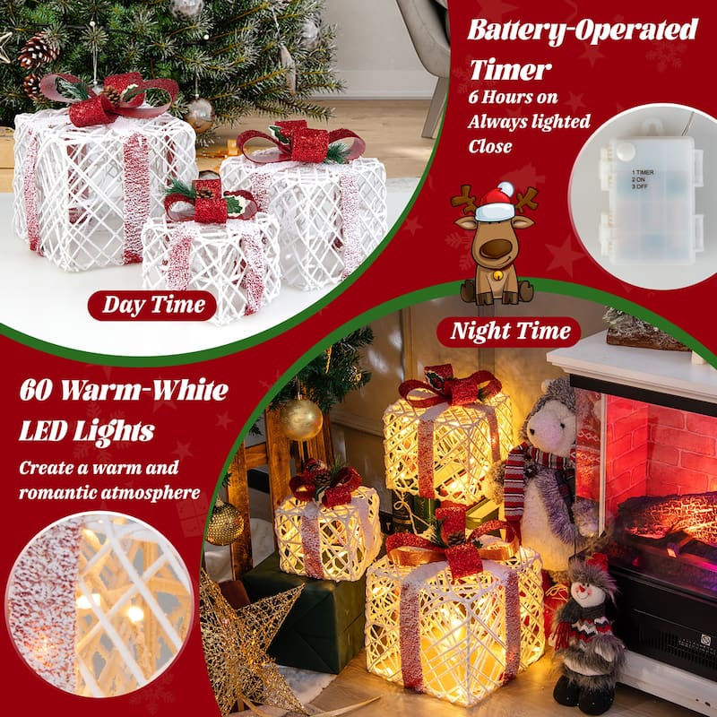 Gymax Set of 3 Christmas Present Boxes Festival Lighted Decor Boxes w/
