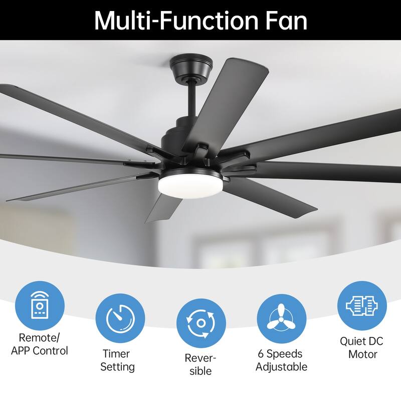 52 Inch/66 Inch/72 Inch Modern Ceiling Fan with Dimmable LED Light ,Remote&APP Control,8 Blades for Large Living Room,Porch