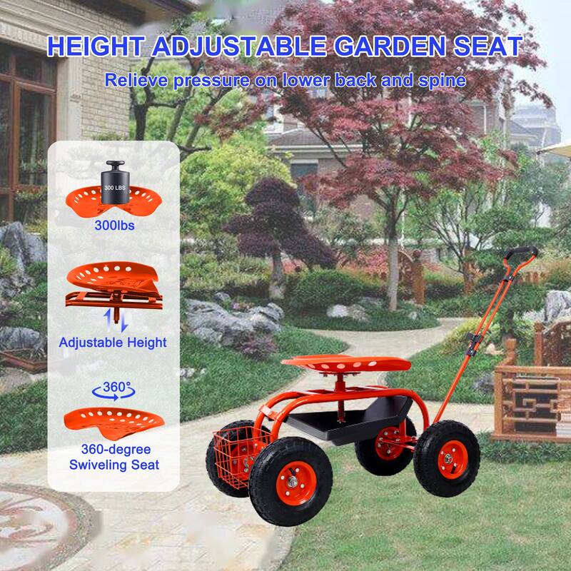 Adjustable Garden Cart with Swivel Seat, Large 10-Inch Wheels, Storage Tray and Basket, Easy Maneuvering - Iron