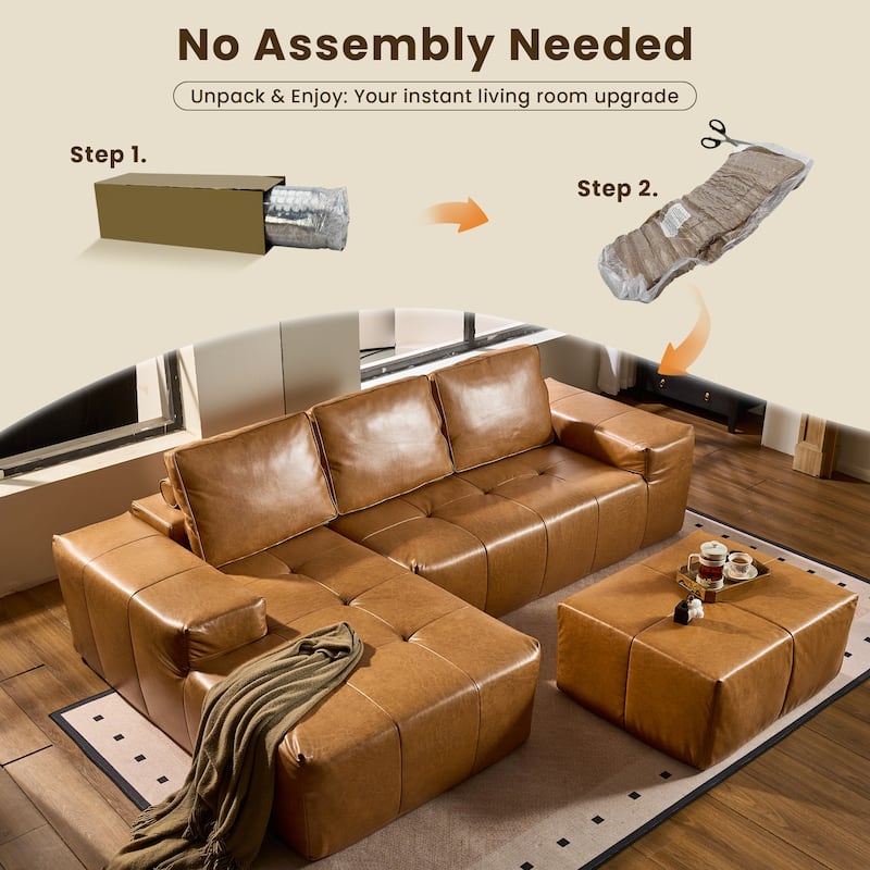 HOOOWOOO Mid-Century Modern Leather L-shaped Sectional Sofa Couch with Ottoman