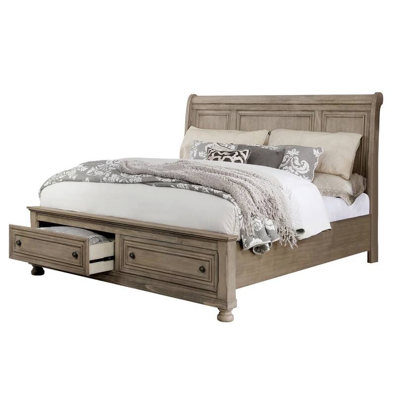 Ava Queen Bed with Footboard Storage and Bun Feet, Gray Solid Wood