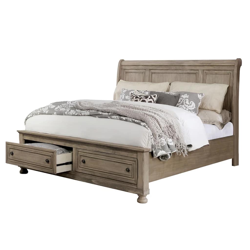 Ava Queen Bed with Footboard Storage and Bun Feet, Gray Solid Wood