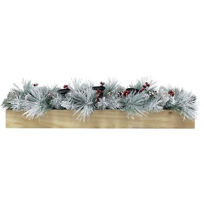 Fraser Hill Farm 42-inch 5-Candle Holder Centerpiece with Frosted Pine Branches, Red Berries and Pinecones in Pine Box