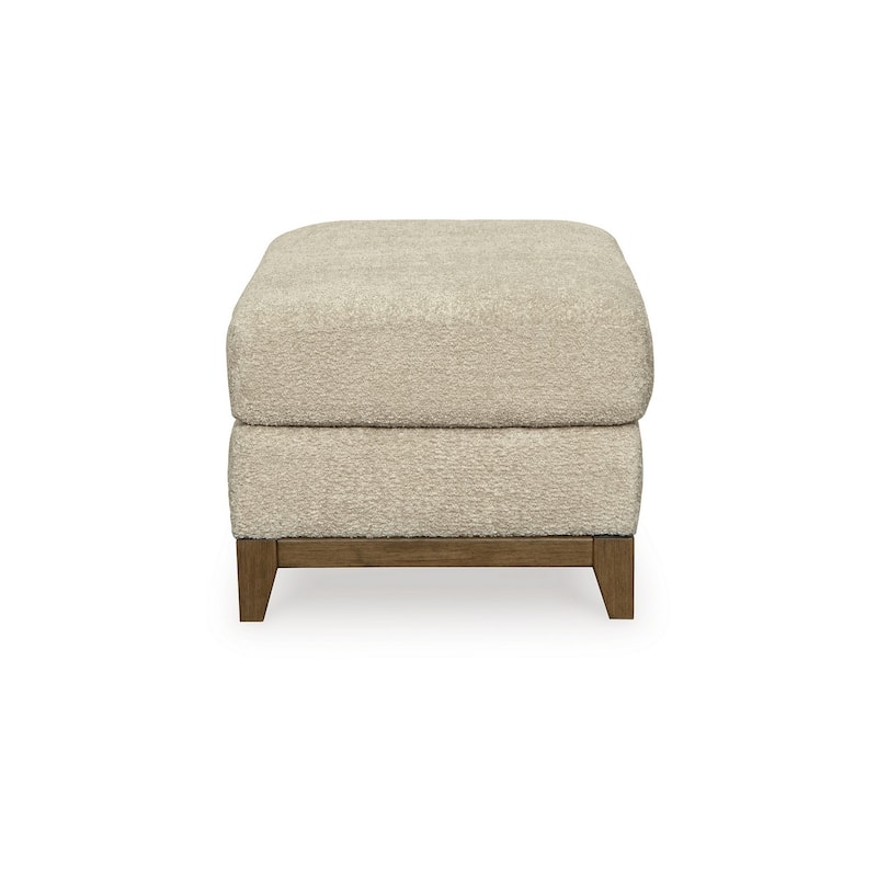 Klyn 44 Inch Ottoman, Plush Cushion, Faux Wood Rail Feet, Beige Polyester