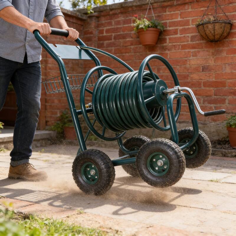 Anmytek Heavy Duty Four Wheel Garden Hose Reel Cart with Large Capacity Steel Reel, Powder Coated Rust Resistant Frame