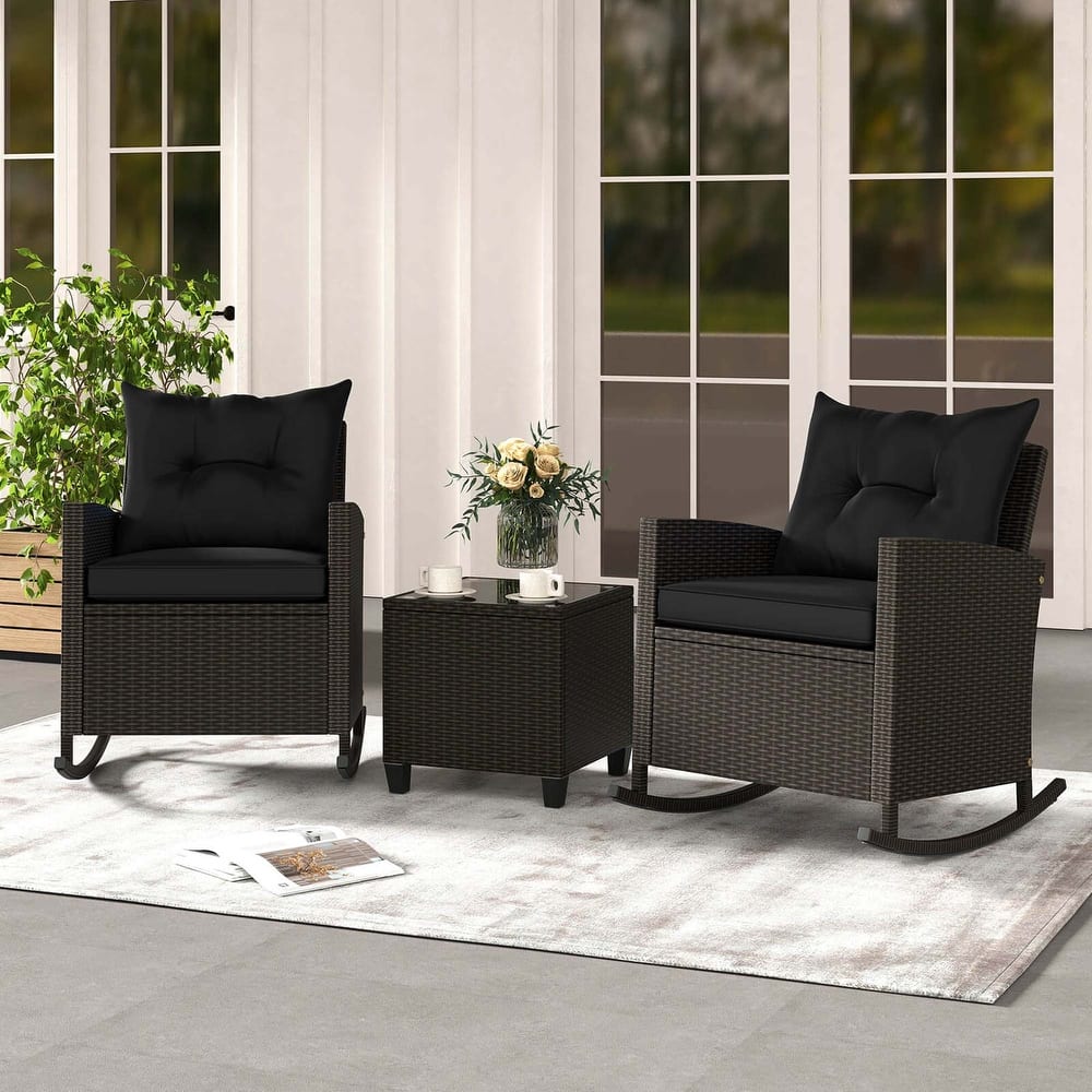 Costway 3 PCS Patio Wicker Rocking Set with Tempered Glass Table & - See Details