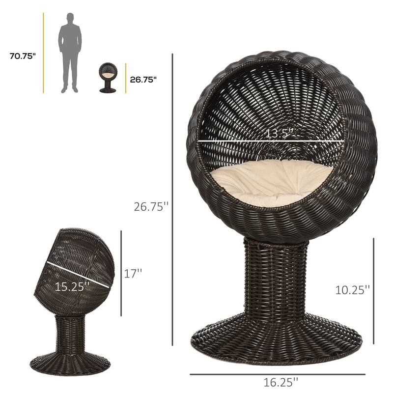 Pawhut Hooded Rattan Wicker Elevated Cat Bed
