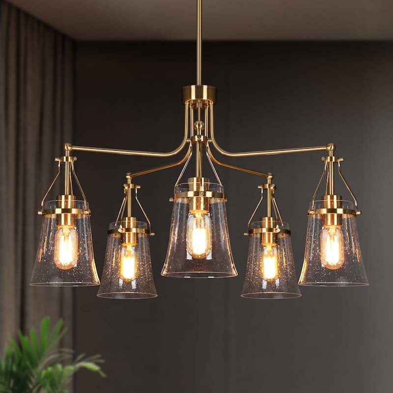 Haye Modern Gold 5-Light Wheel Glass Chandelier for Dining Room Bedroom - D25" x H16.5"