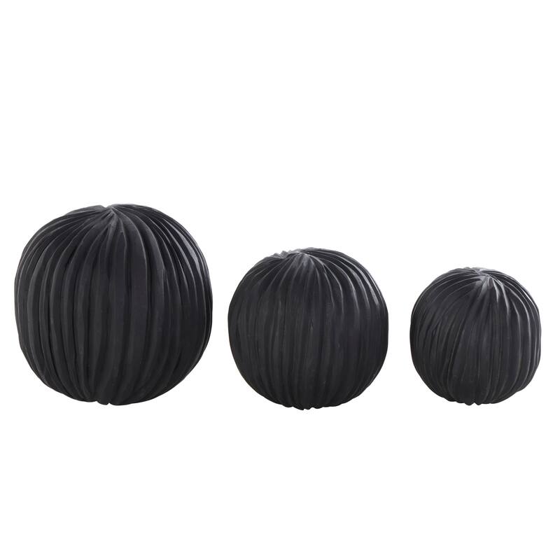 Brown or Black Teak Wood Handmade Carved Textured Orbs & Vase Filler with Ridges (Set of 3)