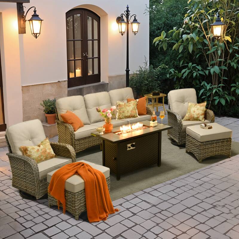OVIOS 7-piece Patio Wicker Conversation Furniture Set With Fire Pit