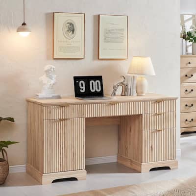 58" Modern Executive Desk with Storage, Wood Home Office Desk