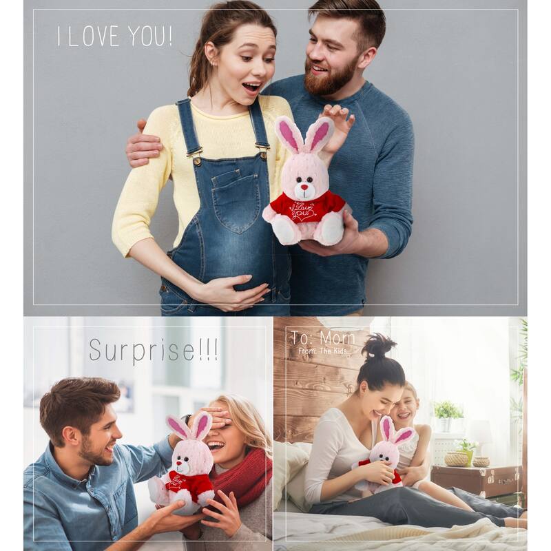 DolliBu I LOVE YOU Rose Gold Bunny Plush Animal with Red Shirt - 8 inches