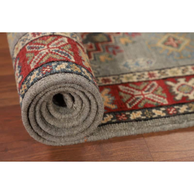 Geometric Kazak Oriental Runner Rug Hand-Knotted Grey Wool Carpet - 2'3" x 5'11"
