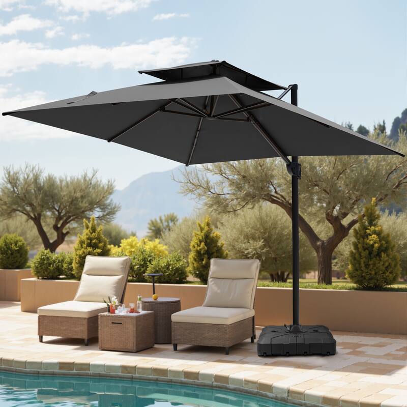 Pellebant Outdoor 10x10 FT Square Cantilever Patio Umbrella 360 Degree Rotation with HDPE Base - DarkGrey