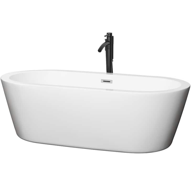 Wyndham Collection Mermaid 71-inch White Freestanding Soaking Bathtub - White, Polished Chrome Trim & Matte Black Faucet