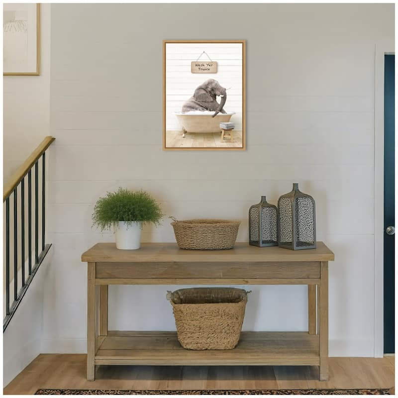 Kate and Laurel Sylvie Young Elephant in Modern Bathtub Wash Your Trunk Framed Canvas by Amy Peterson