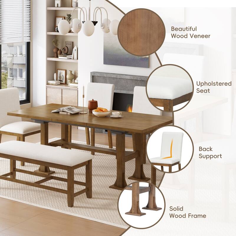 6-Piece Extendable Dining Table Set, Farmhouse Kitchen Table Set with Removable Leaf and Upholstered Dining Chair and Bench