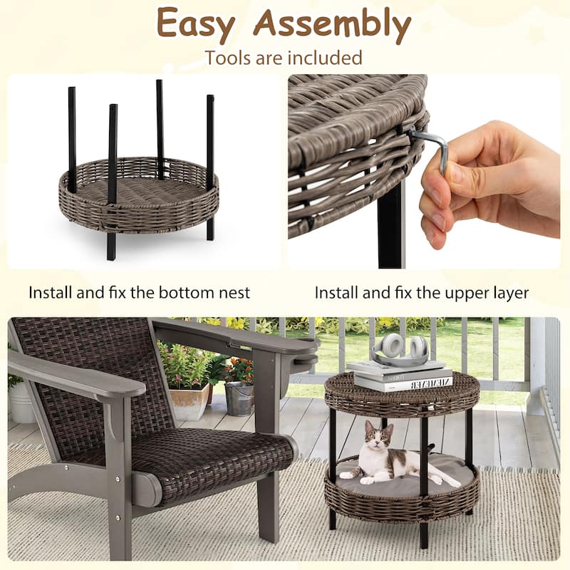 Gymax 2-tier Rattan Cat Nest Wicker Kitten House w/ Removable Padded