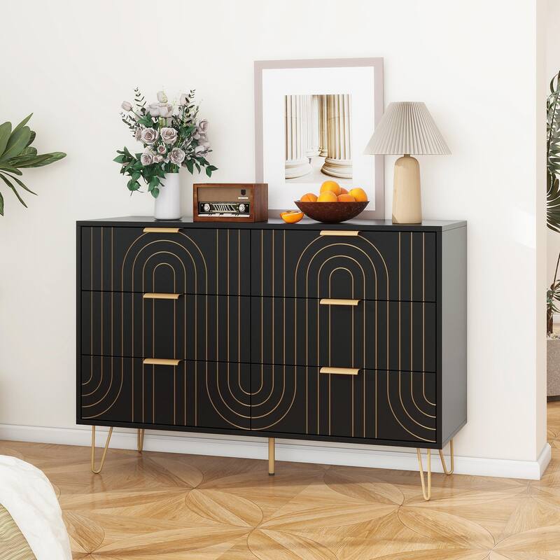 Modern 6-Drawer Dresser with Carving Design and Metal Handles
