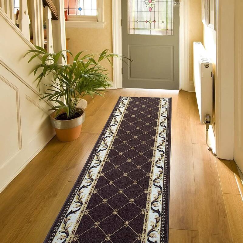 Custom Size Trellis French 26 Inch Wide Non-Slip Stair Runner Rug - 30 Feet - Brown